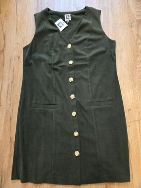 Anne Klein NWT Olive Green Corduroy Vest Dress, Sleeveless Button Front V-Neck M